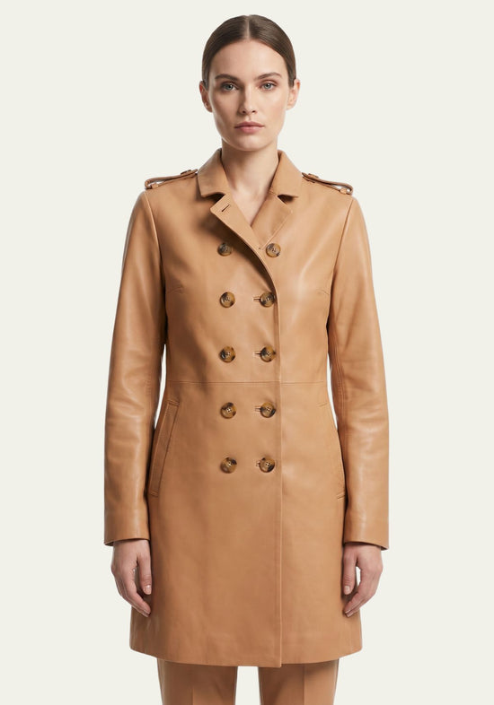 Damen Leder Trenchcoat Camelbraun