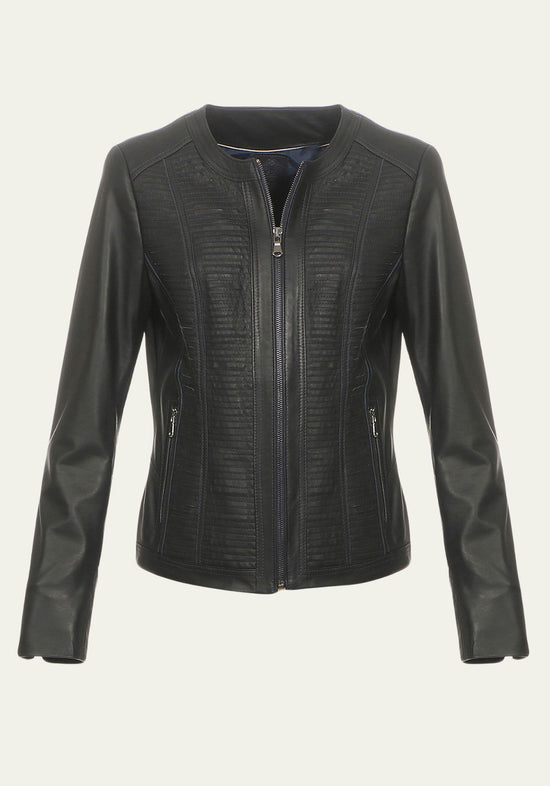 Damen Lederjacke aus Lammnappa – Sportlich mit Quersteifen Schwarz