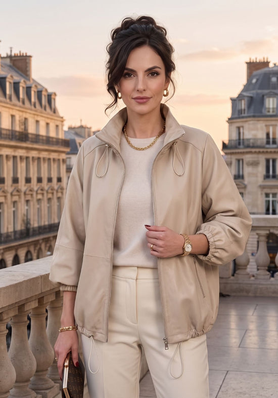 Damen Lederjacke Beige im Oversize-Look aus Lammnappaleder