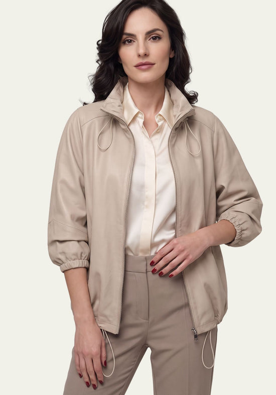 Damen Lederjacke Beige im Oversize-Look aus Lammnappaleder