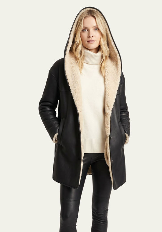 Damen Shearling Oversize-Jacke mit Kapuze