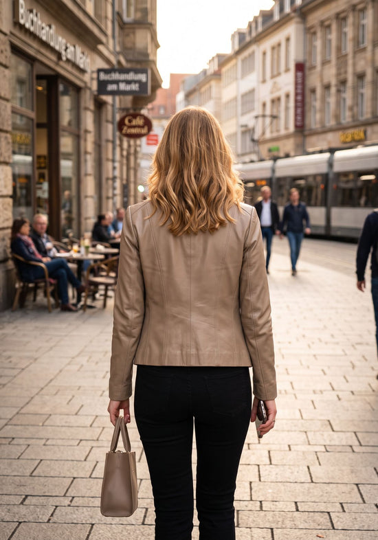 Damen Lederjacke aus Lammnappa – Sportlich mit Quersteifen Beige