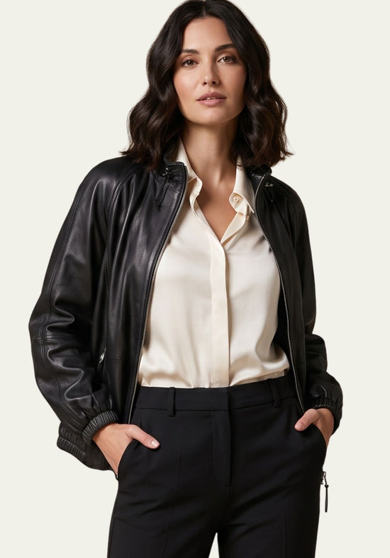 Damen Lederjacke aus Lammnappa – Oversize Schwarz mit Kordeln