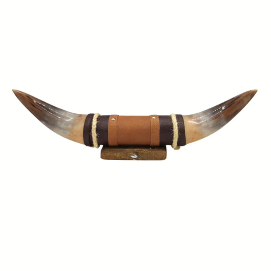 Bullenhorn Wandobjekt Modell 13 – Naturhorn Einzelstück mit Leder-Holzhalterung