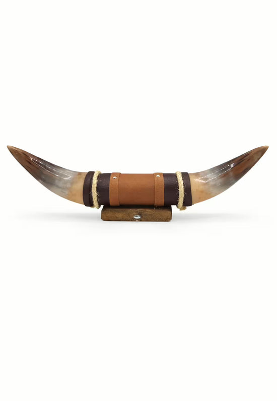 Bullenhorn Wandobjekt Modell 13 – Naturhorn Einzelstück mit Leder-Holzhalterung
