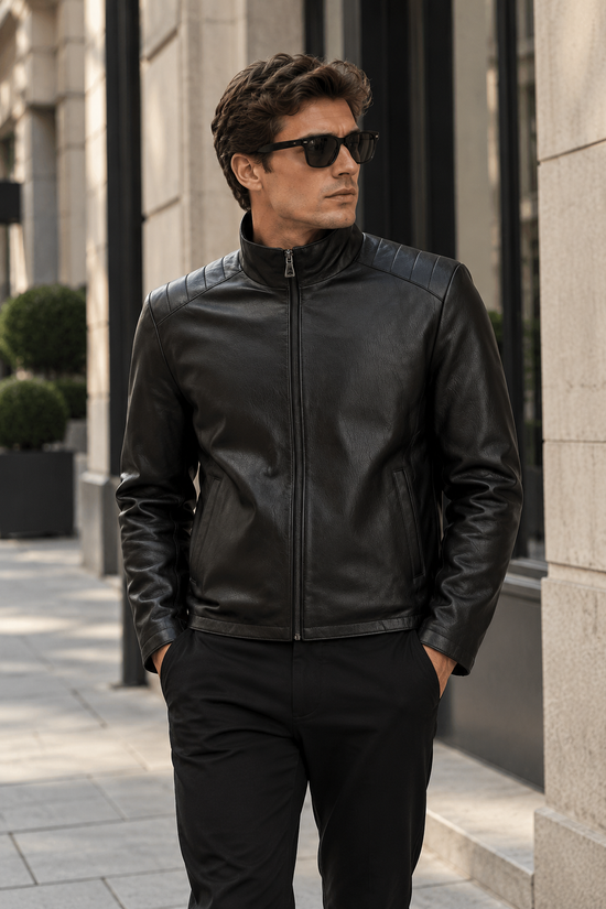 Lammfelljacke aus schwarzem Glattleder Victor