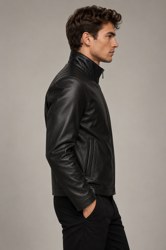 Lammfelljacke aus schwarzem Glattleder Victor