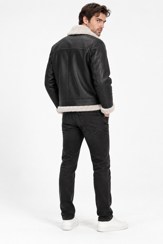 Premium Herren-Lammfelljacke JAMES Espresso / Weiß