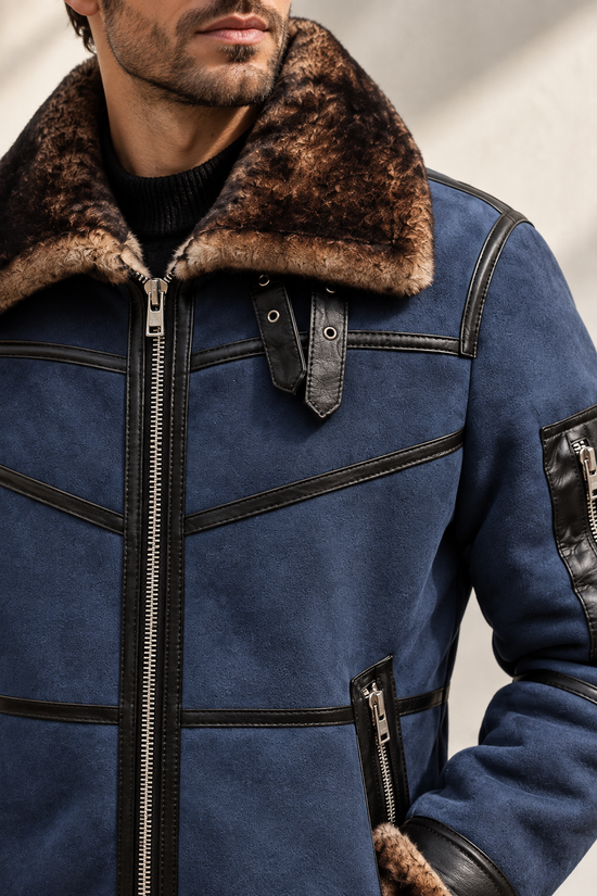 Herren Merino Lammfell Bomberjacke  B16 in Blau