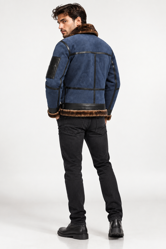 Herren Merino Lammfell Bomberjacke  B16 in Blau