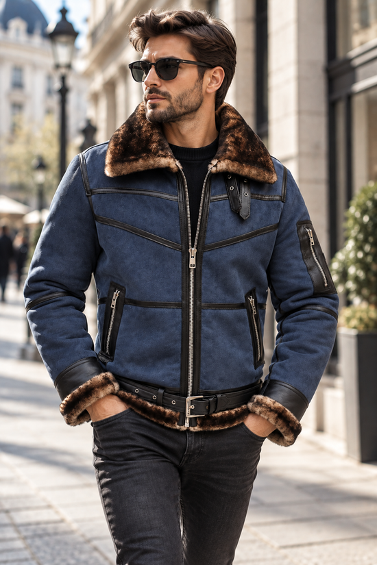 Herren Merino Lammfell Bomberjacke  B16 in Blau
