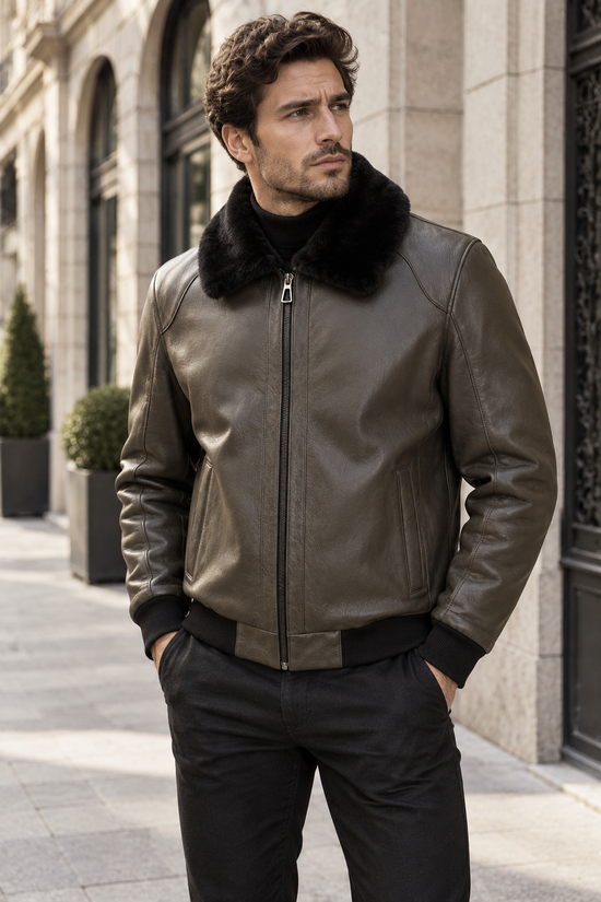 Premium Herren-Lammfelljacke HAKON in Khaki