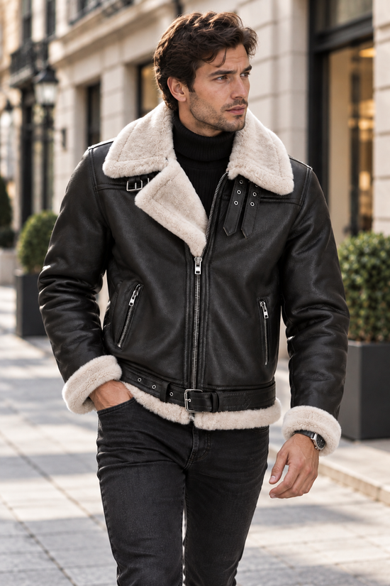Premium Herren-Lammfelljacke JAMES Espresso / Weiß