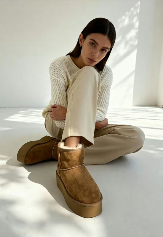 Arctic Luxe Platform Zimowe Botki Brązowe Futerko Jagnięce
