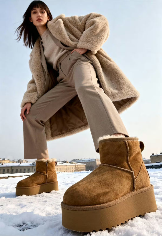 Arctic Luxe Platform Zimowe Botki Brązowe Futerko Jagnięce