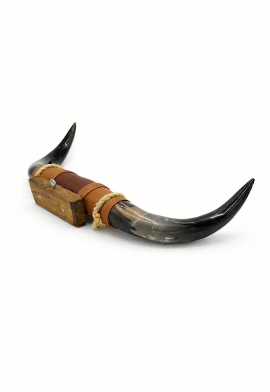Bullenhorn Wandobjekt Modell 4 – Naturhorn Einzelstück mit Leder-Holzhalterung