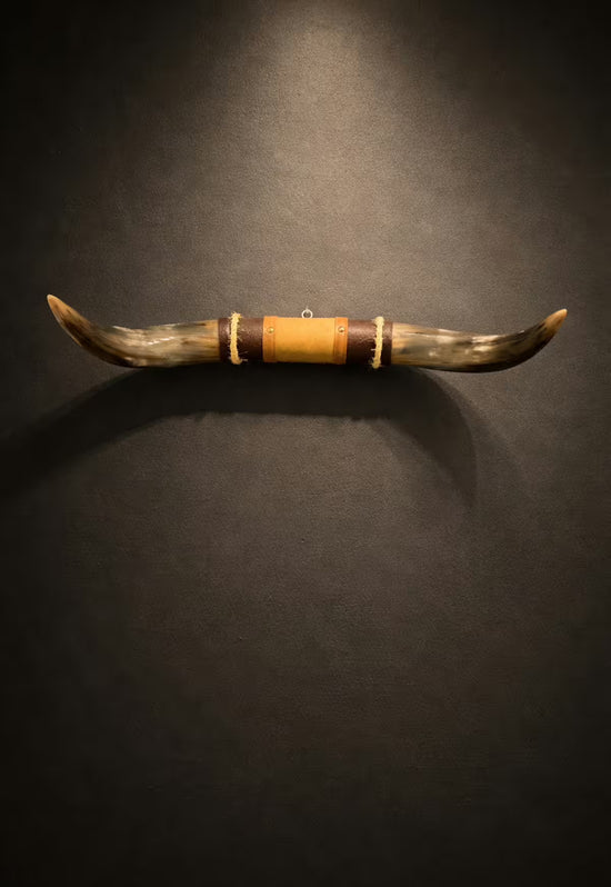 Bullenhorn Wandobjekt Modell 4 – Naturhorn Einzelstück mit Leder-Holzhalterung