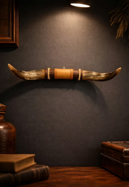 Bullenhorn Wandobjekt Modell 4 – Naturhorn Einzelstück mit Leder-Holzhalterung