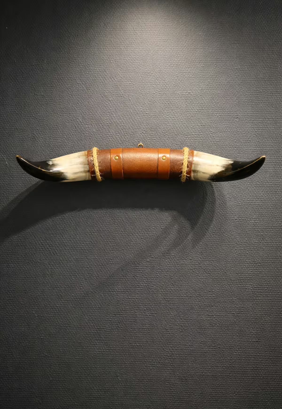 Bullenhorn Wandobjekt Modell 9 – Naturhorn Einzelstück mit Leder-Holzhalterung
