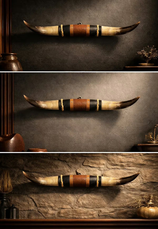 Bullenhorn Wandobjekt Modell 11 – Naturhorn Einzelstück mit Leder-Holzhalterung