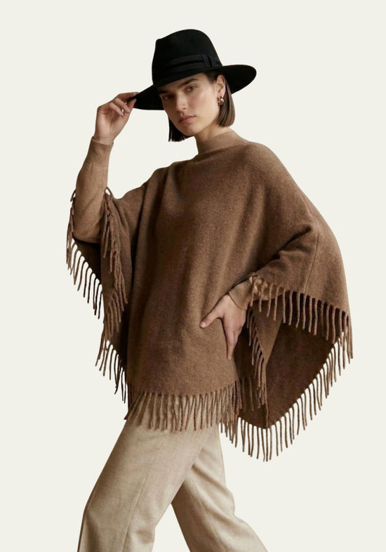 Damen-Poncho mit Fransen in warmem Camelton, One Size