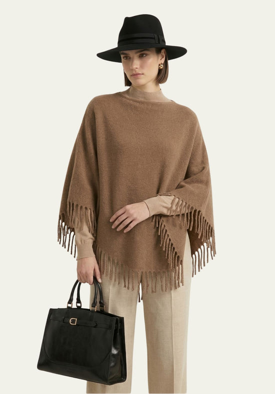 Damen-Poncho mit Fransen in warmem Camelton, One Size