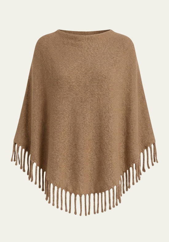 Damen-Poncho mit Fransen in warmem Camelton, One Size