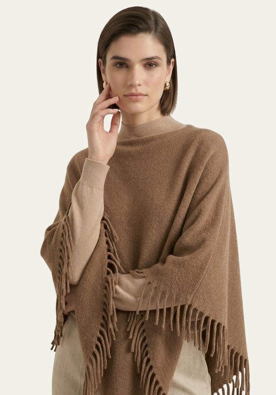 Damen-Poncho mit Fransen in warmem Camelton, One Size