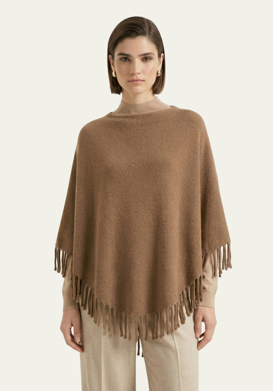 Damen-Poncho mit Fransen in warmem Camelton, One Size