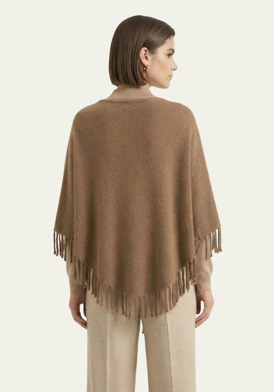 Damen-Poncho mit Fransen in warmem Camelton, One Size