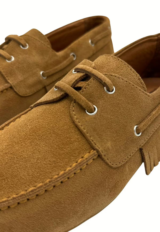 Damskie mokasyny skórzane camel z frędzlami HOL40