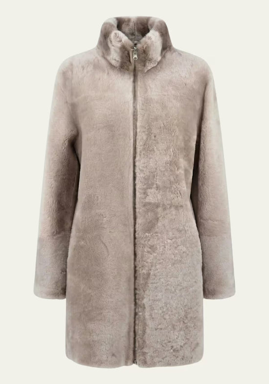 Exklusiver Merino Shearling Wendemantel Taupe-Beige – Zwei Luxus-Looks in einem