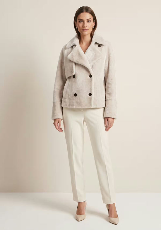 Shearling Lammfelljacke Creme-Beige – Doppelreihige Kurzjacke