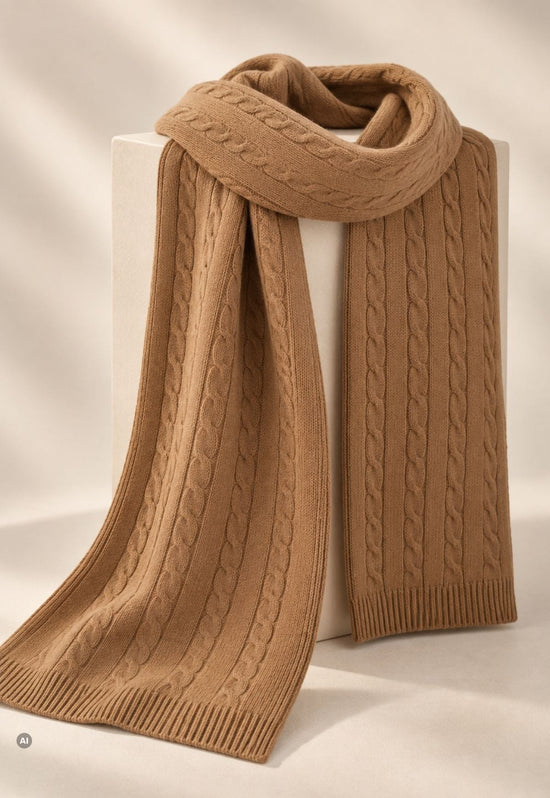 Camelfarbener Strickschal aus Merinowolle und Kaschmir an einem Aufsteller präsentiert