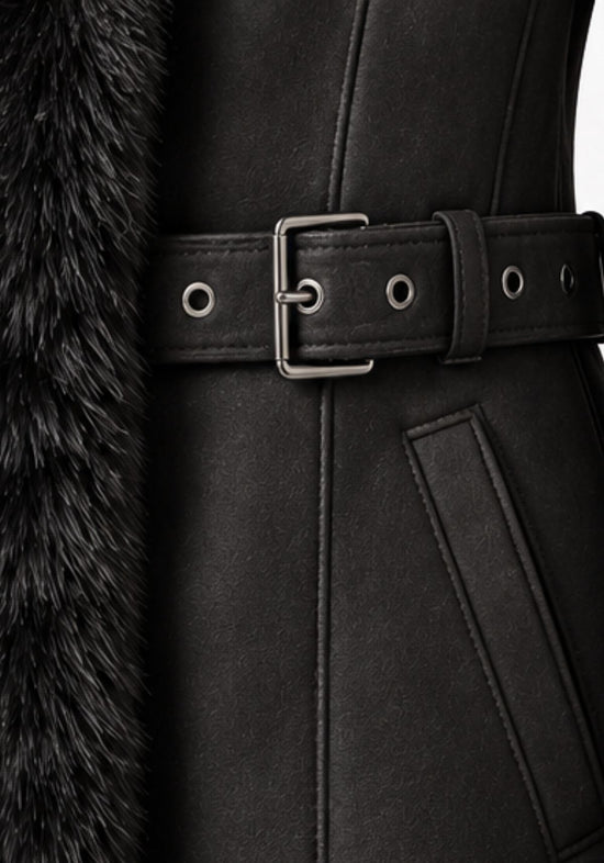 Damen-Shearling-Lammfellmantel Schwarz mit Fuchsfellbesatz und Kapuze