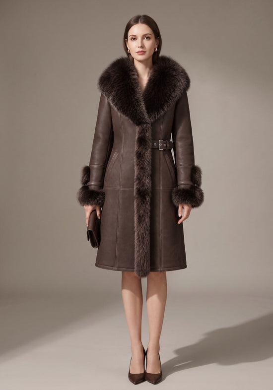 Damen-Shearling-Lammfellmantel Braun mit Fuchsfellbesatz und Kapuze