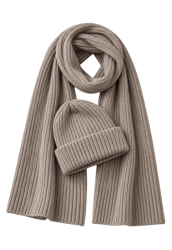 Damen-Strickset Daily – Mütze & Schal aus 100 % Merinowolle Camel