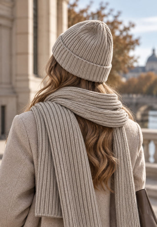 Damen-Strickset Daily – Mütze & Schal aus 100 % Merinowolle Camel