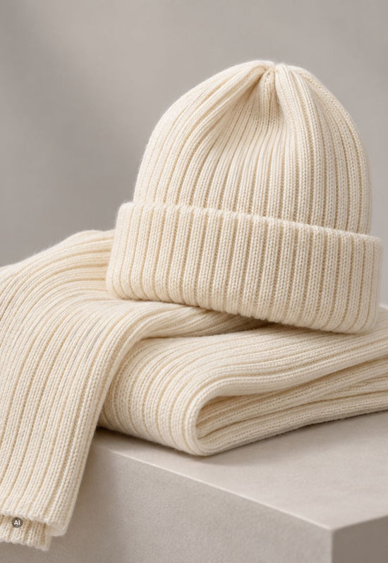 Damen-Strickset Daily – Mütze & Schal aus 100 % Merinowolle Ecru