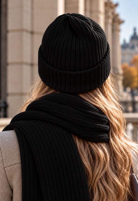 Damen-Strickset Daily – Mütze & Schal aus 100 % Merinowolle Schwarz