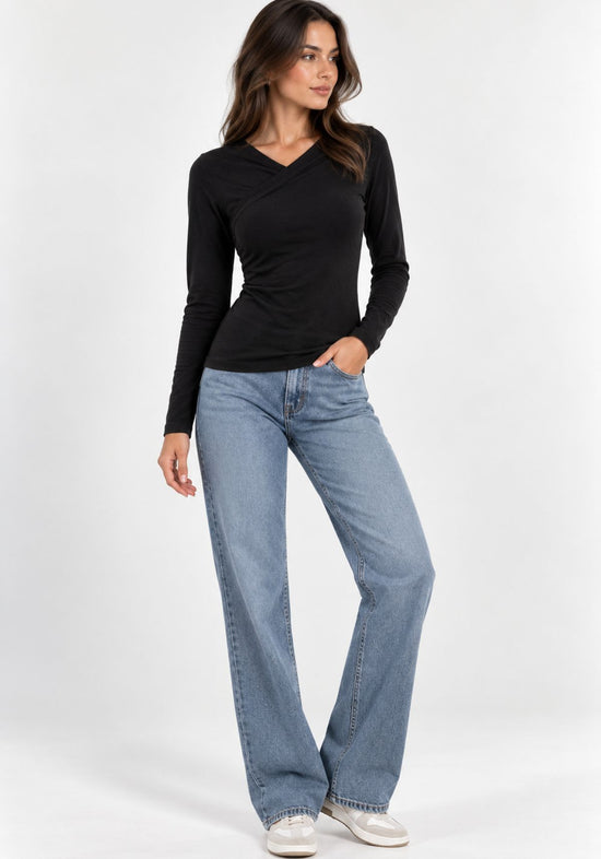 Damen-Langarmshirt aus Lyocell und Merinowolle Schwarz