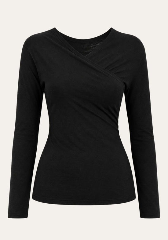 Damen-Langarmshirt aus Lyocell und Merinowolle Schwarz