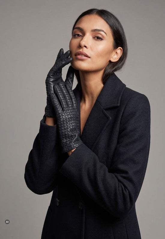 Damen-Lederhandschuhe mit Flechtstruktur und 100 % Kaschmirfutter Anthrazit M03