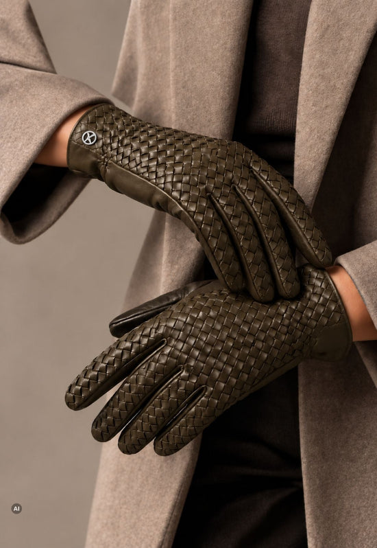 Damen-Lederhandschuhe mit Flechtstruktur und 100 % Kaschmirfutter Olive M03