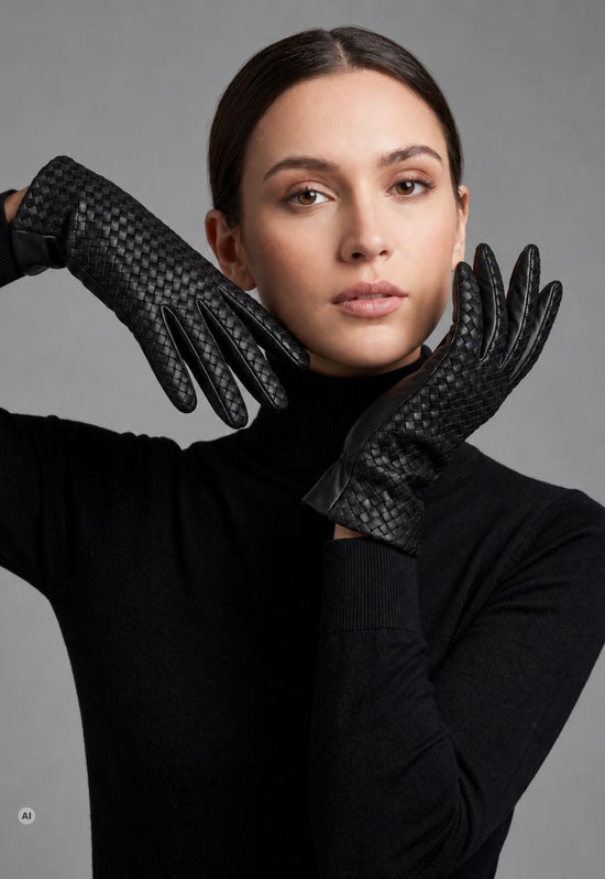 Damen-Lederhandschuhe mit Flechtstruktur und 100 % Kaschmirfutter Schwarz M03