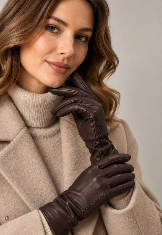 Damen-Lederhandschuhe aus Anilin-Lammleder mit Kaschmirfutter Dunkelbraun