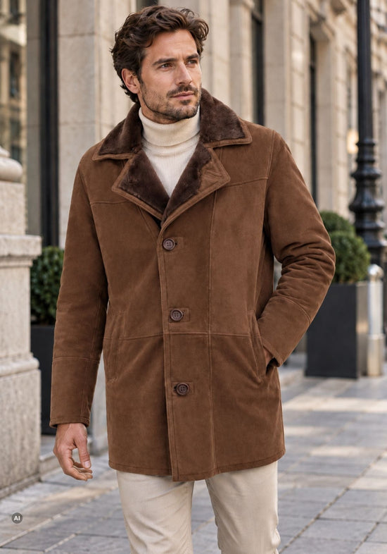 Herren-Lammfellkurzmantel Braun im klassischen Car-Coat-Stil