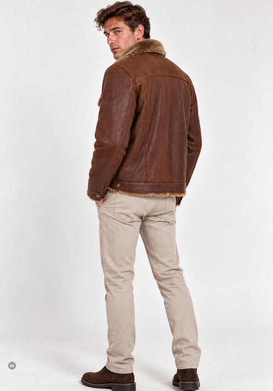 Herren-Lammfelljacke Braun im klassischen Trucker-Stil