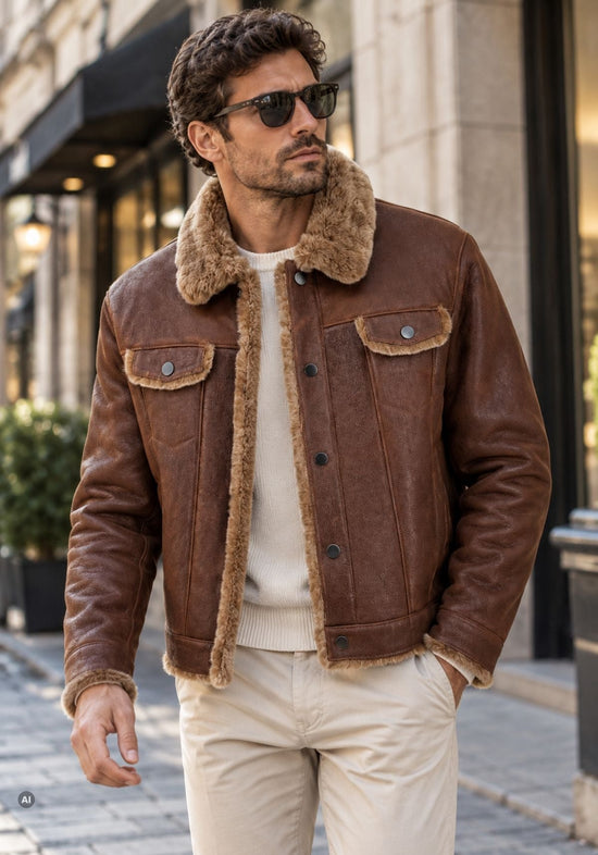 Herren-Lammfelljacke Braun im klassischen Trucker-Stil