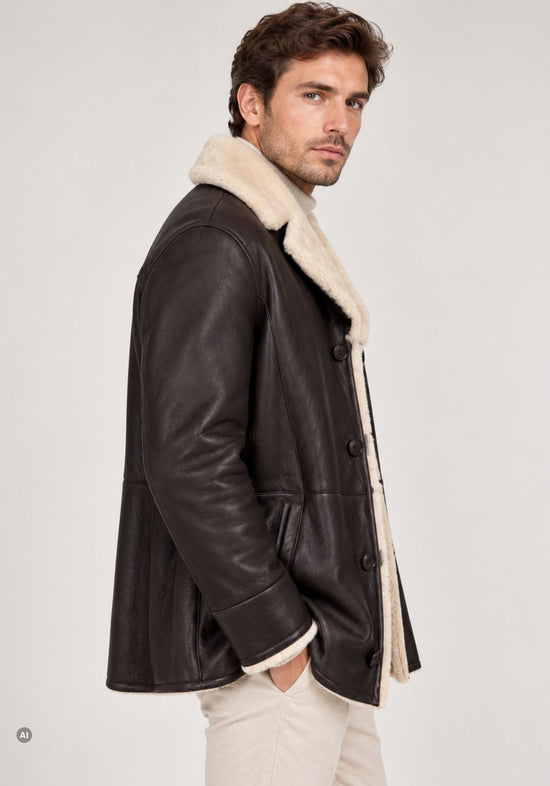 Herren-Lammfelljacke Dunkelbraun mit cremeweißem Fellrevers